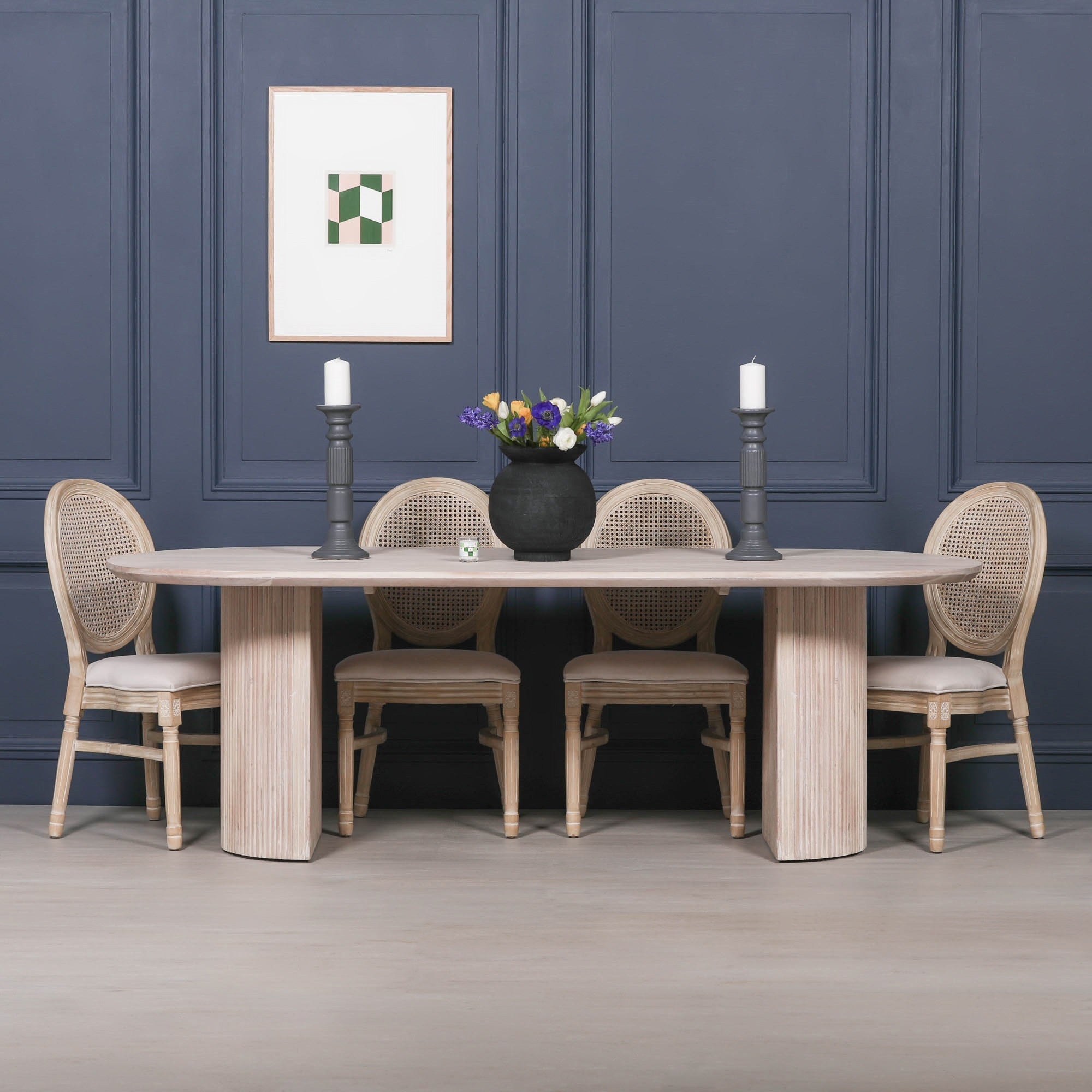 Blanche Acacia Fluted Oval Dining Table With 6 Louis Chairs