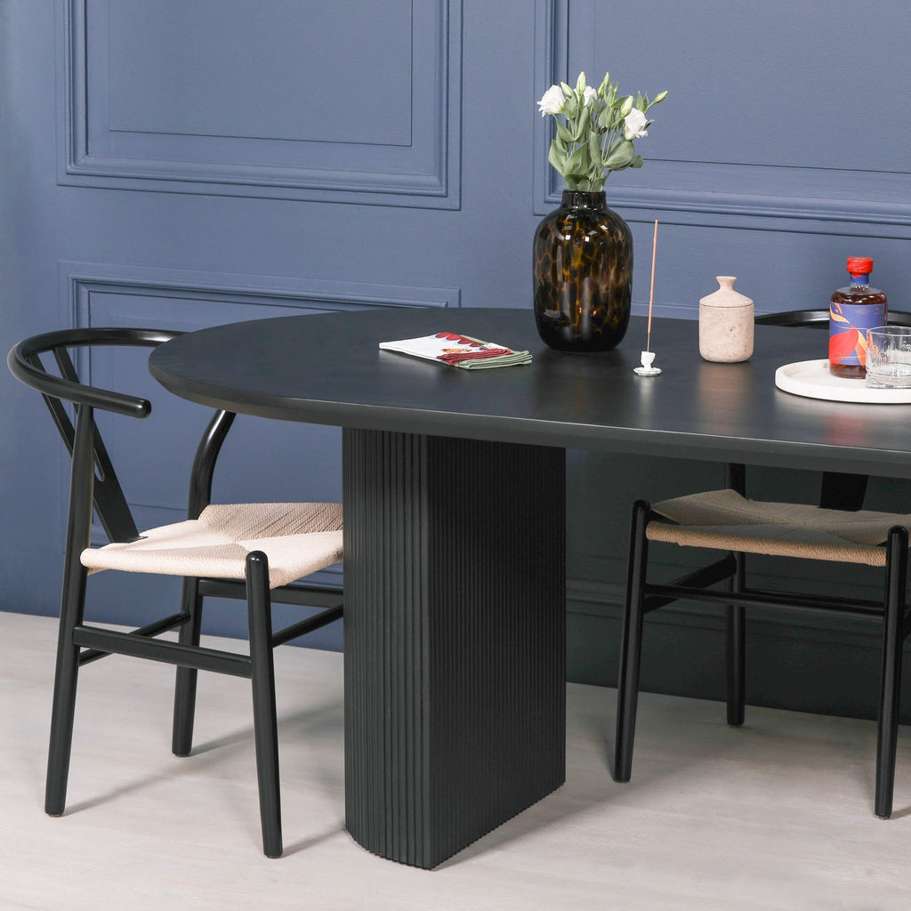 Black Painted Acacia Fluted Oval Dining Table With 6 Chairs