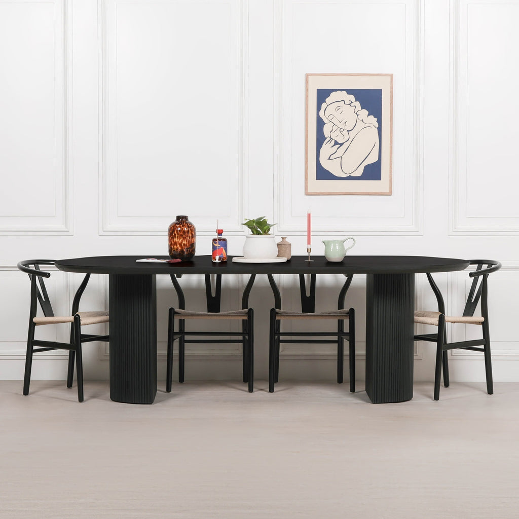 Black Painted Acacia Fluted Oval Dining Table With 6 Chairs
