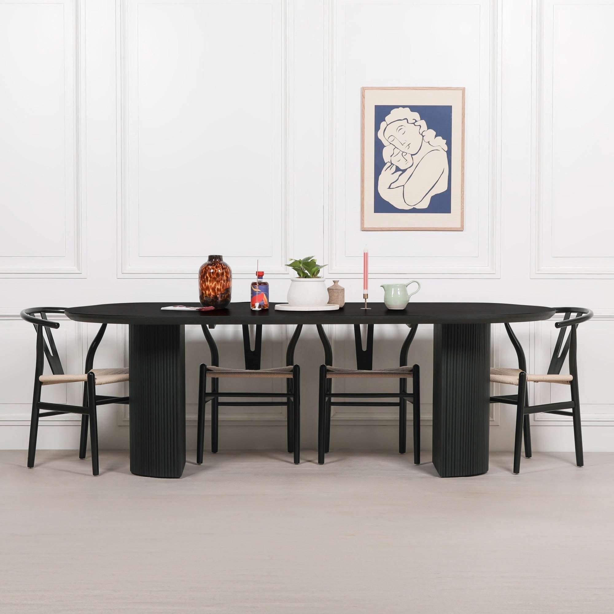 Black Painted Acacia Fluted Oval Dining Table With 6 Chairs