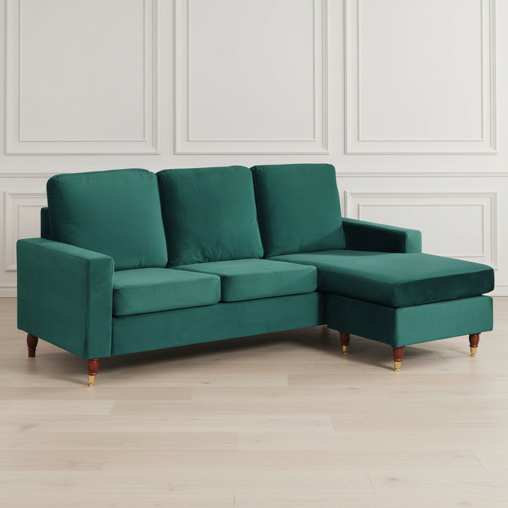 GREEN VELVET UNIVERSAL CORNER SOFA | HERITAGE HOME UK | FREE DELIVERY SOFAS 