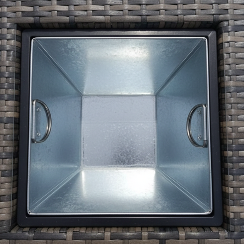 GREY RATTAN ICE BUCKET COFFEE TABLE CLOSE UP