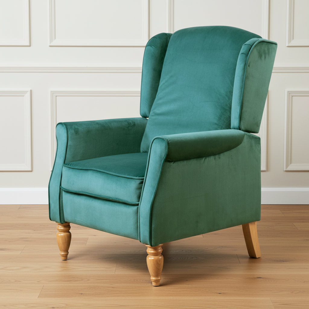 Green Velvet Armchair with Reclining Back Function and Oak Legs