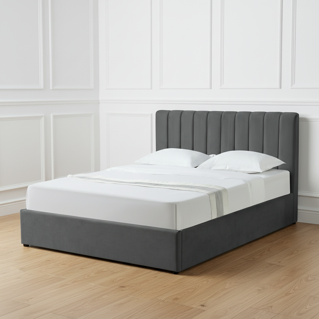 HAROLD KINGSIZE OTTOMAN BED IN DARK GREY FABRIC WITH A FREE MATTRESS