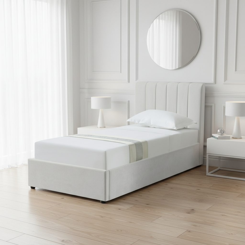 HAROLD SINGLE OTTOMAN STORAGE BED IN LIGHT GREY WITH A FREE MATTRESS