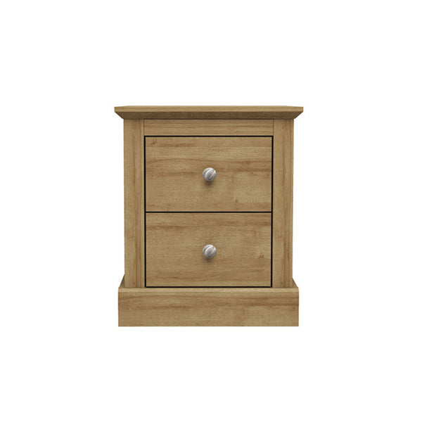 Wooden nightstand with two drawers on a white background
