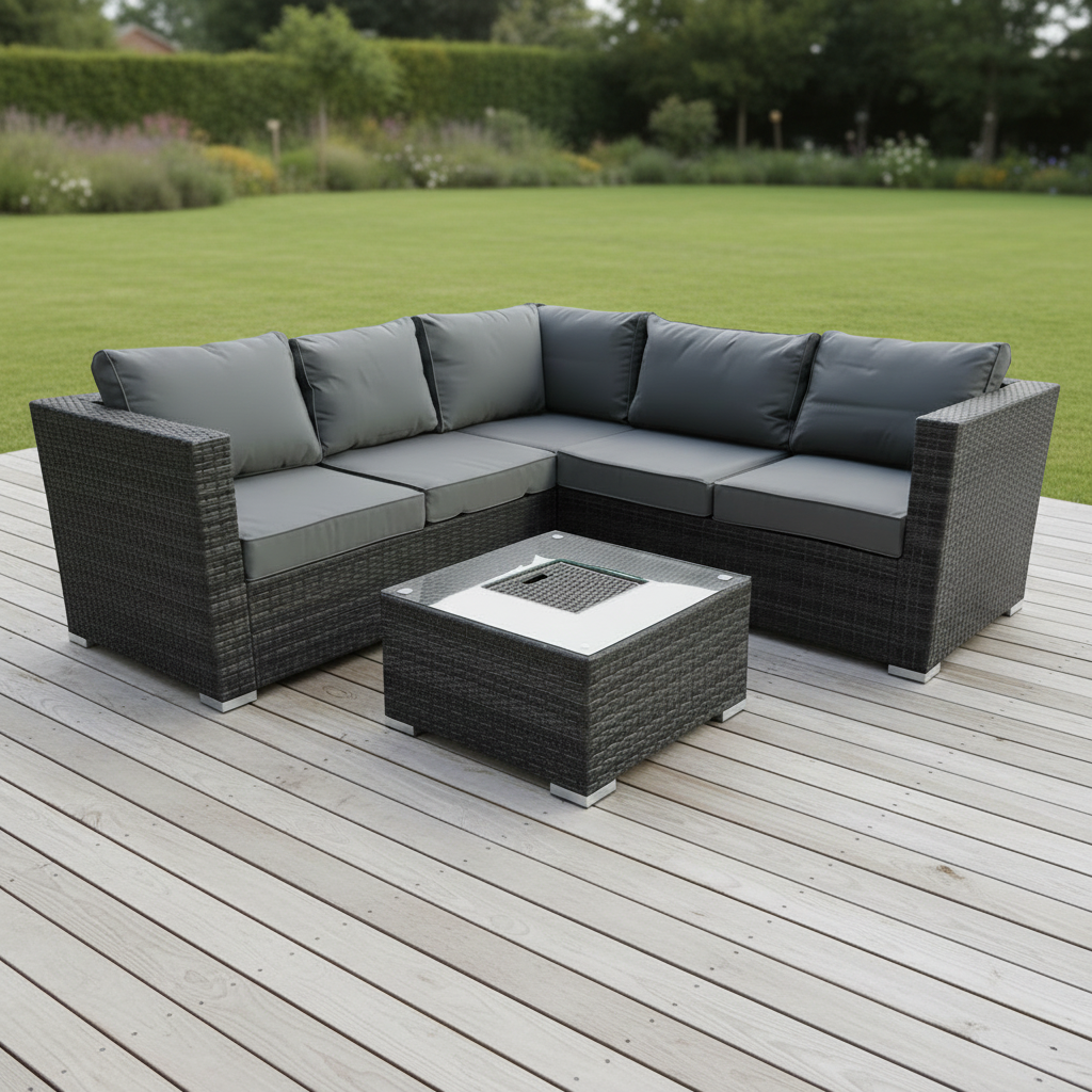 Harry Christian Home Grey Corner Outdoor Premium Rattan Set with Ice Bucket Coffee Table
