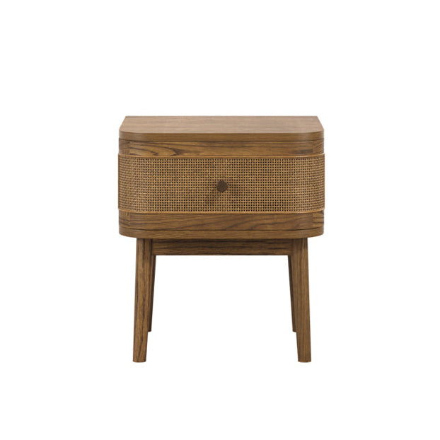 Wooden nightstand with wicker texture on a white background