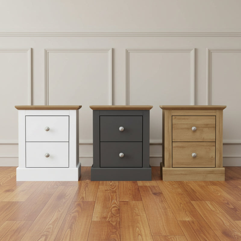 Three wooden nightstands in white, gray, and natural wood finishes on a white background.