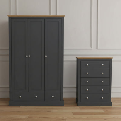 HARRY CHRISTIAN HOME CORNWALL BEDROOM FURNITURE RANGE IN CHARCOAL. CHARCOAL 3 DOOR WARDROBE | CHARCOAL 5 DRAWER BEDSIDE. 