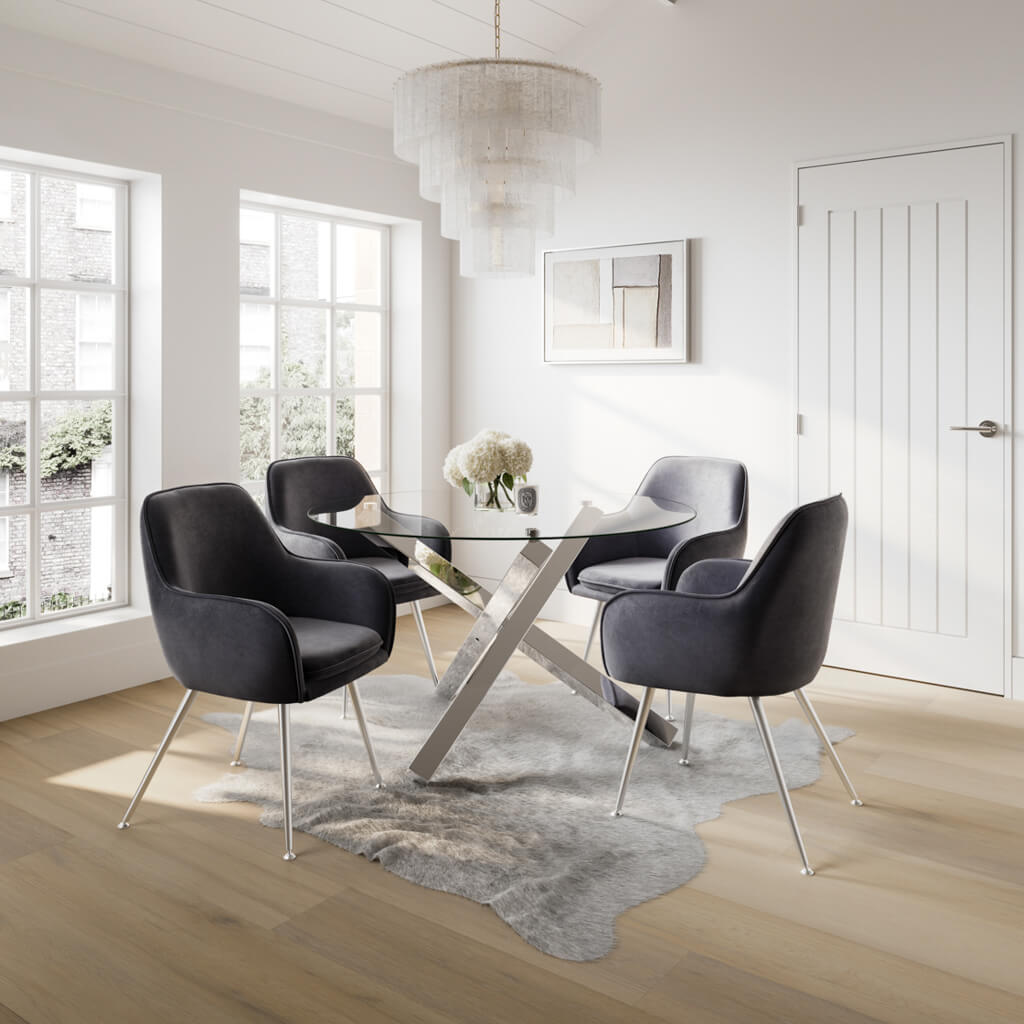 Harry Christian Home 4 Of Our Cosy Dining Chairs In Grey with Chrome Legs around the Harry Christian Home Statement Chrome Leg Circular Dining Table - Harry Christian Home Dining Room Furniture