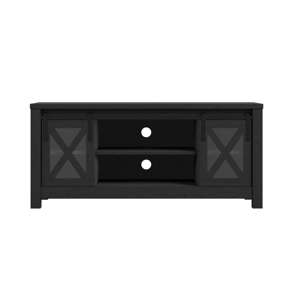 Black TV stand with glass panels on a white background Harry Christian Home Black Media Unit