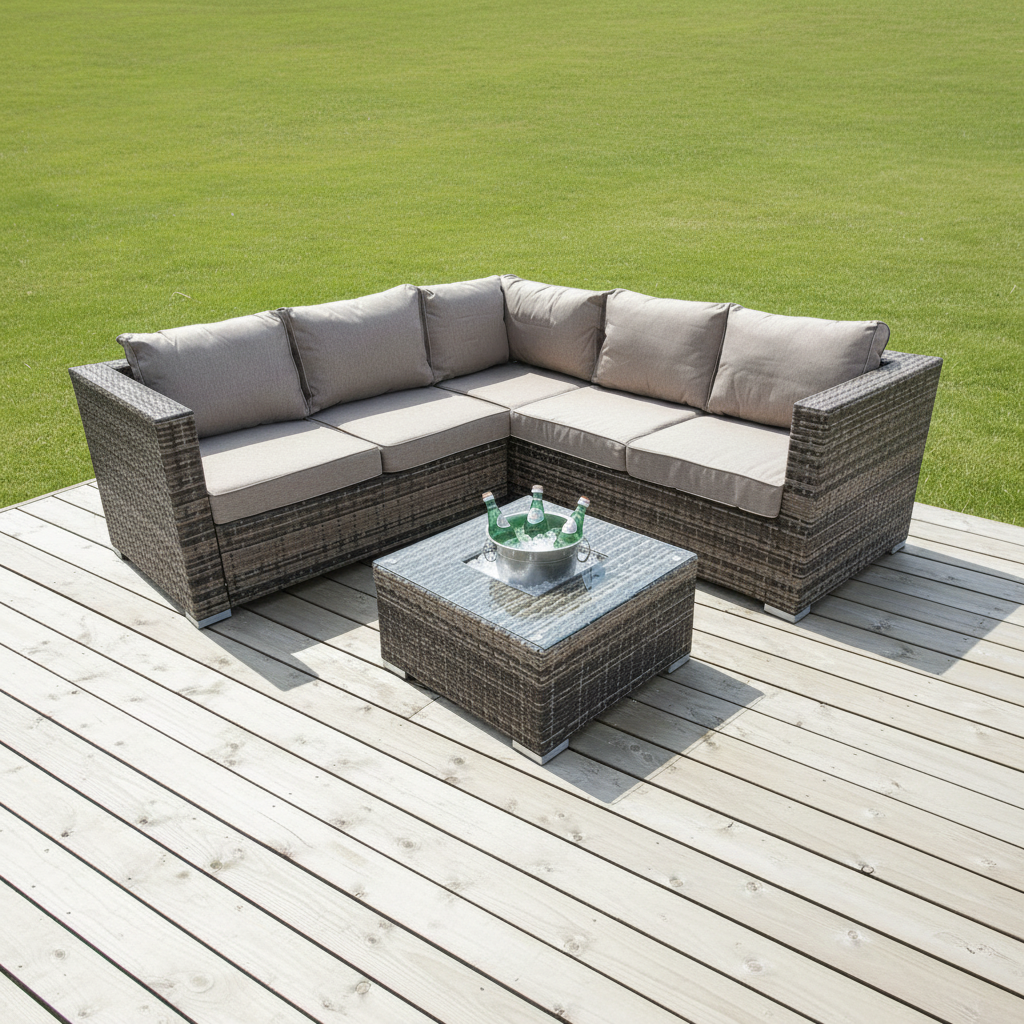 Harry Christian Home Brown Corner Outdoor Premium Rattan Set with Ice Bucket Coffee Table