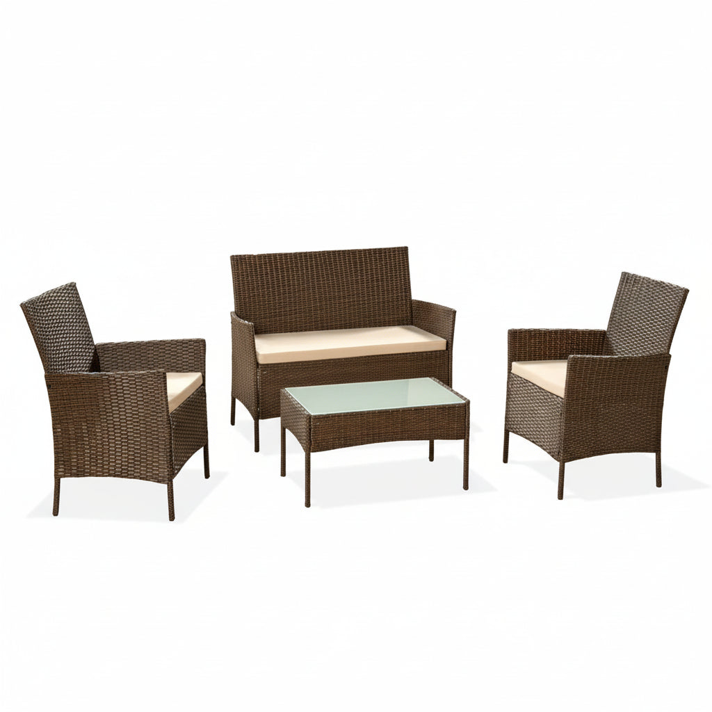 Harry Christian Home Brown & Cream 4 Piece Rattan Garden Furniture Set