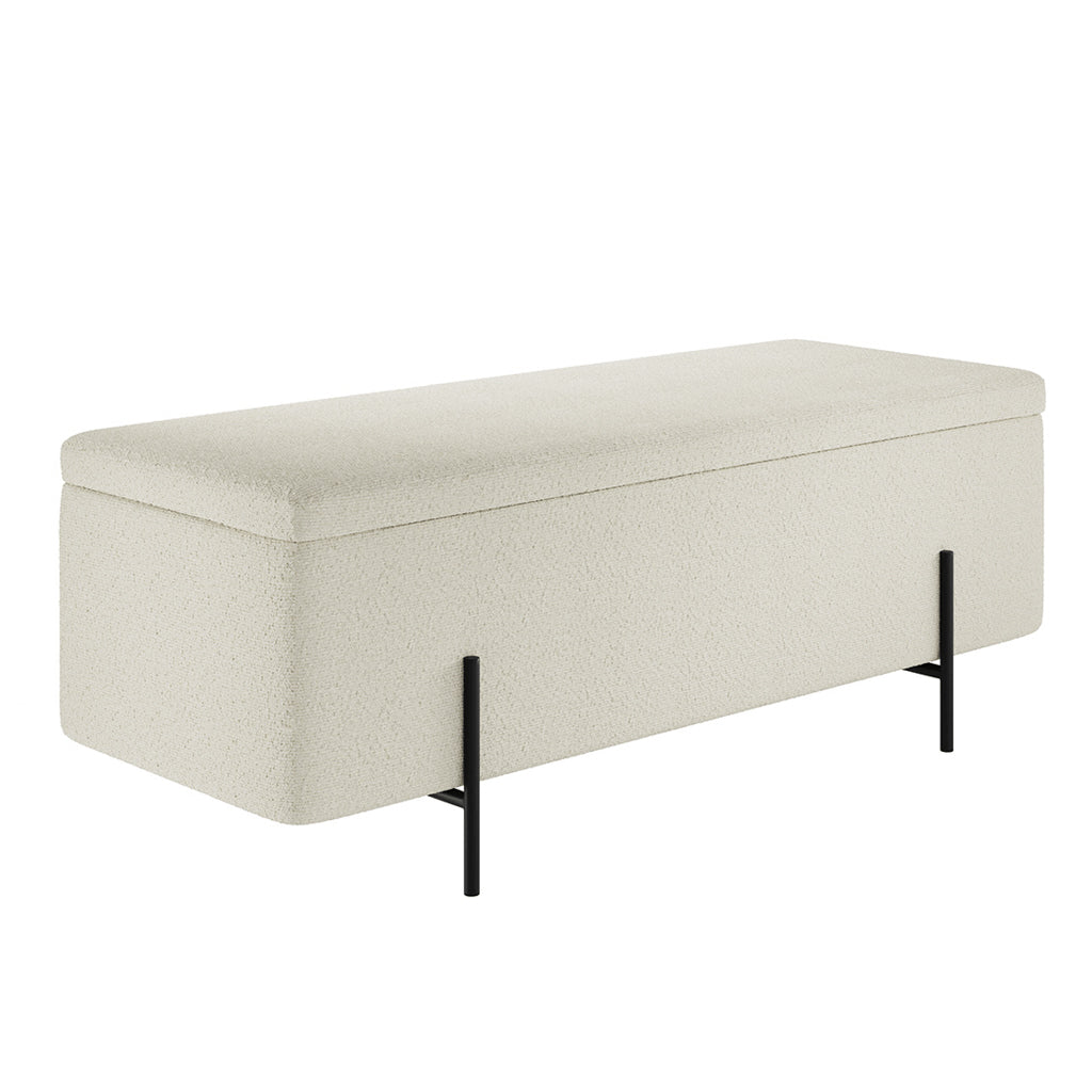 Harry Christian Home Ivory Boucle Storage Ottoman Bench With Sleek Black Legs