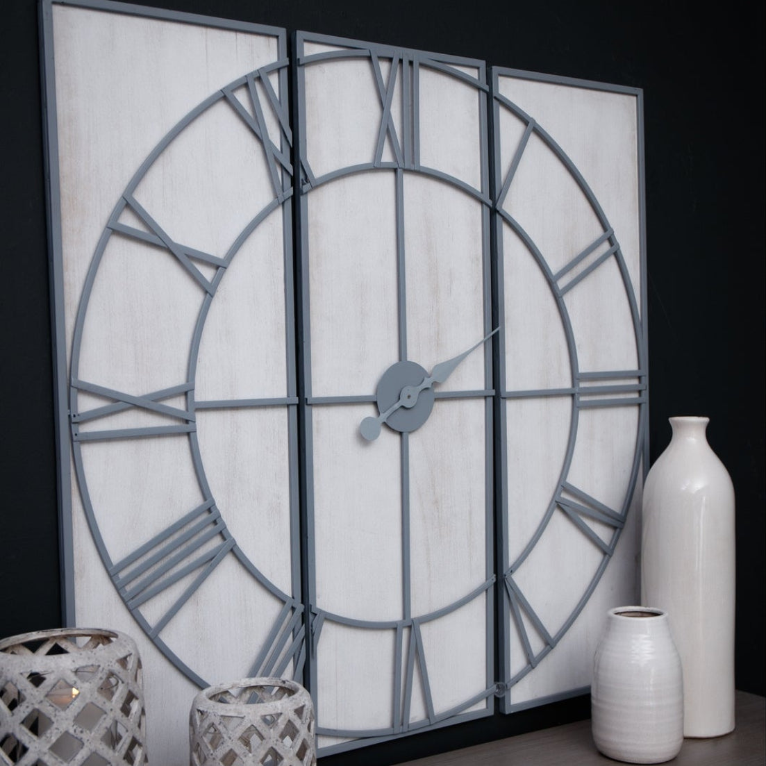 Harry Christian Home Large Light Grey & White Wash Panelled Wall Clock