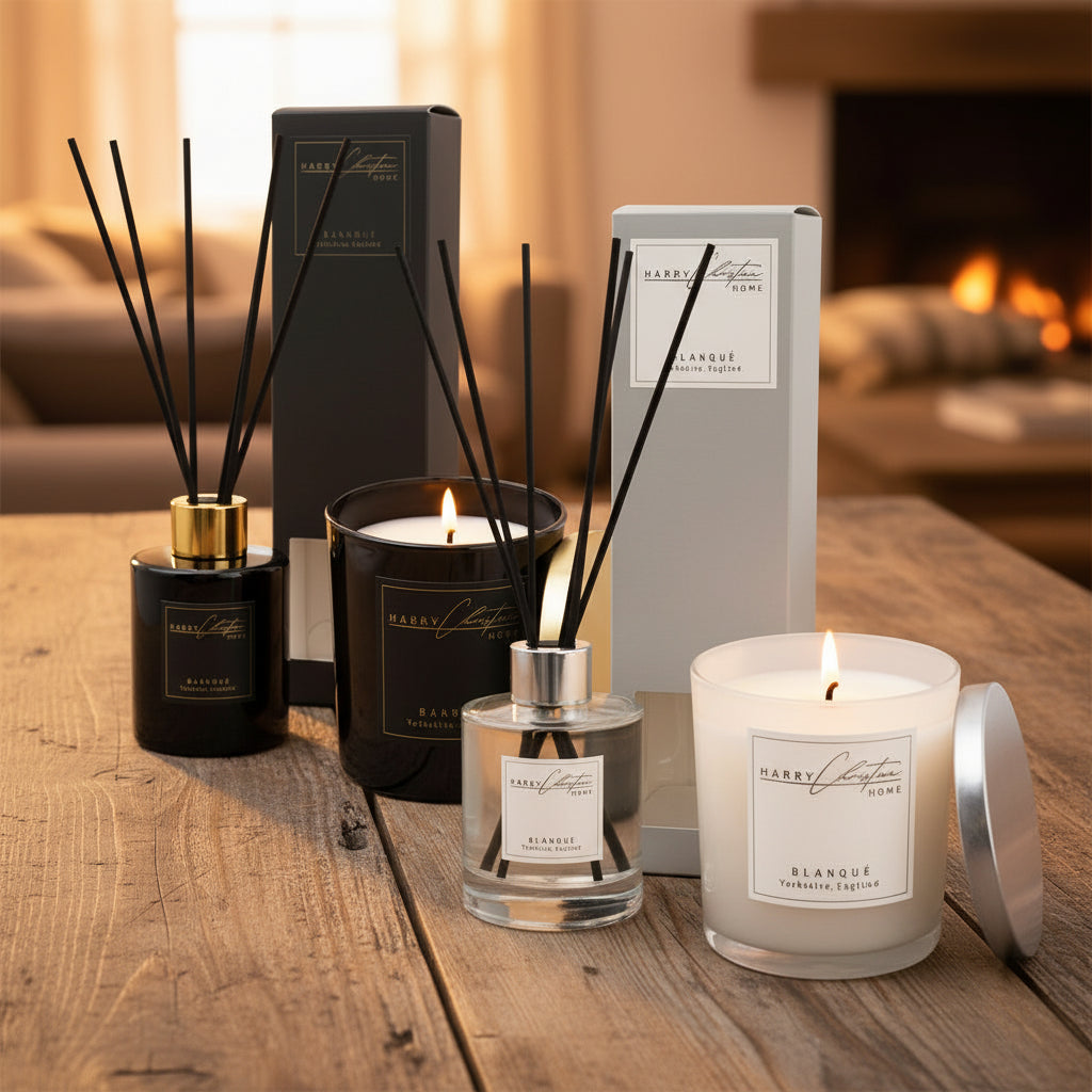 Harry Christian Home Luxury Home Fragrances. Black and Gold Baroque Candle & Reed Diffuser with a Honeysuckle scent alongside the Harry Christian Home Blanque silver and white candle and reed diffuser with a pomegranate and lily scent. 