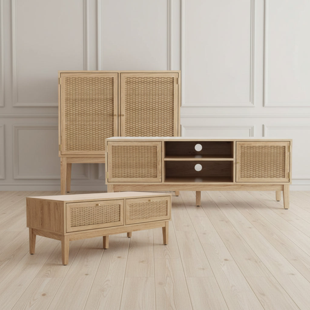 Set of wooden furniture with wicker accents on a white background