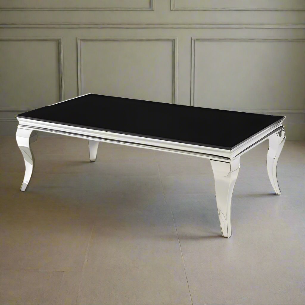 Heritage Home Coffee Table Silver Stainless Steel Legs And Black Glass Top