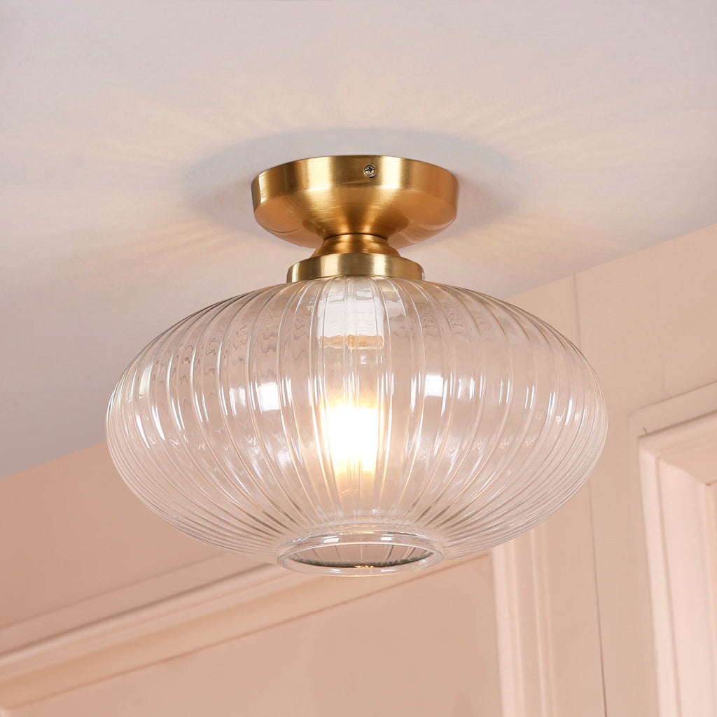Brushed Brass Fluted Clear Glass Flush Ceiling Light