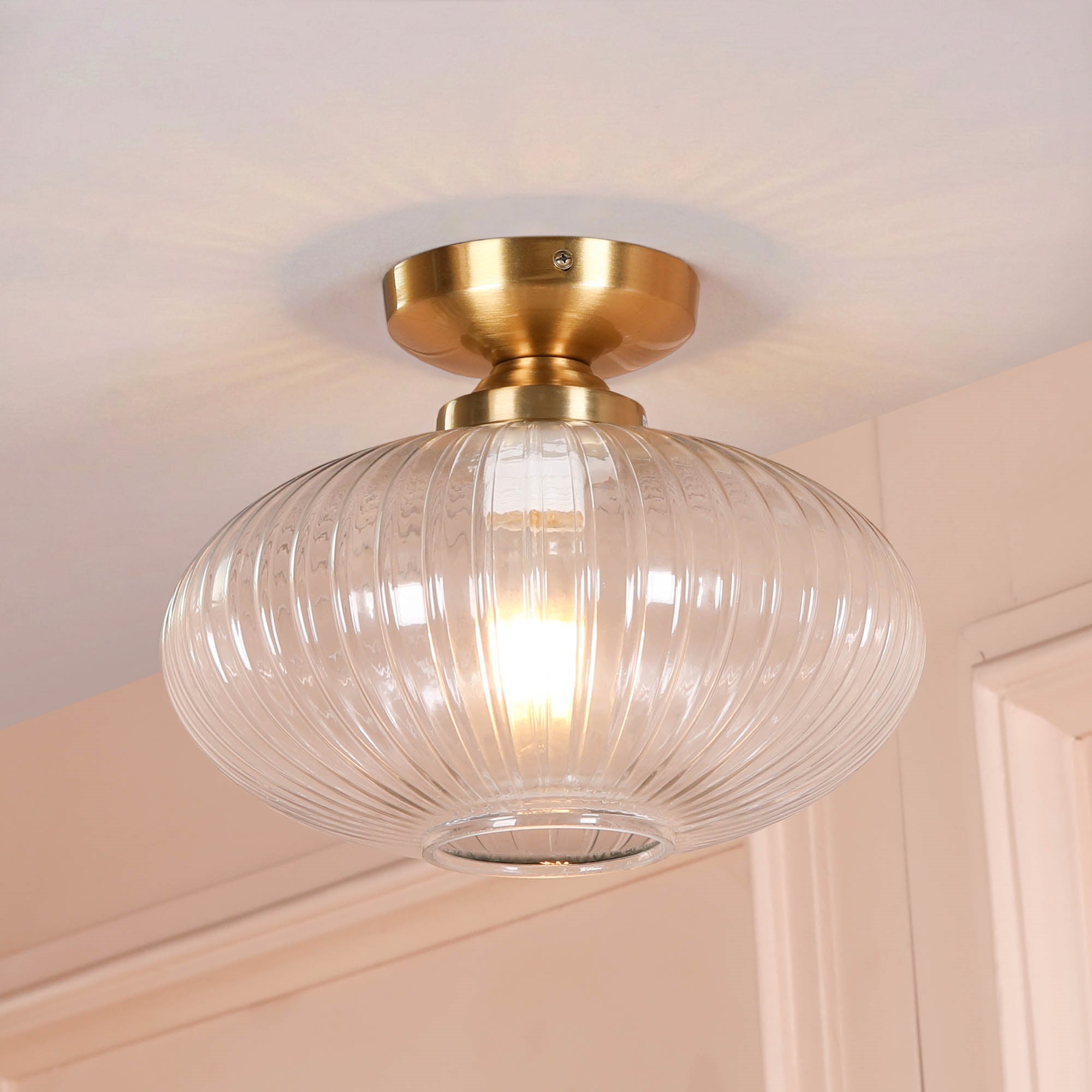 Brushed Brass Fluted Clear Glass Flush Ceiling Light