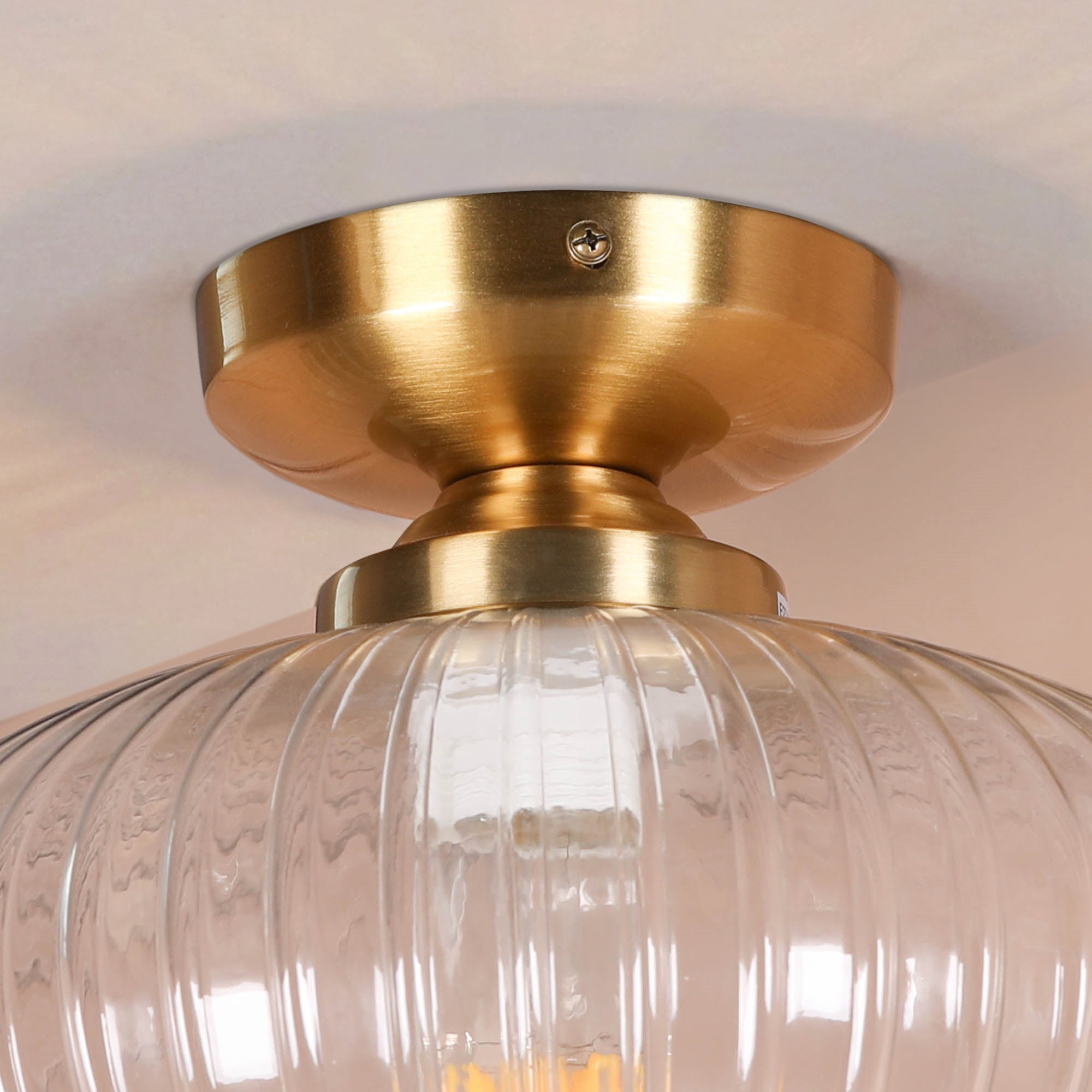 Brushed Brass Fluted Clear Glass Flush Ceiling Light