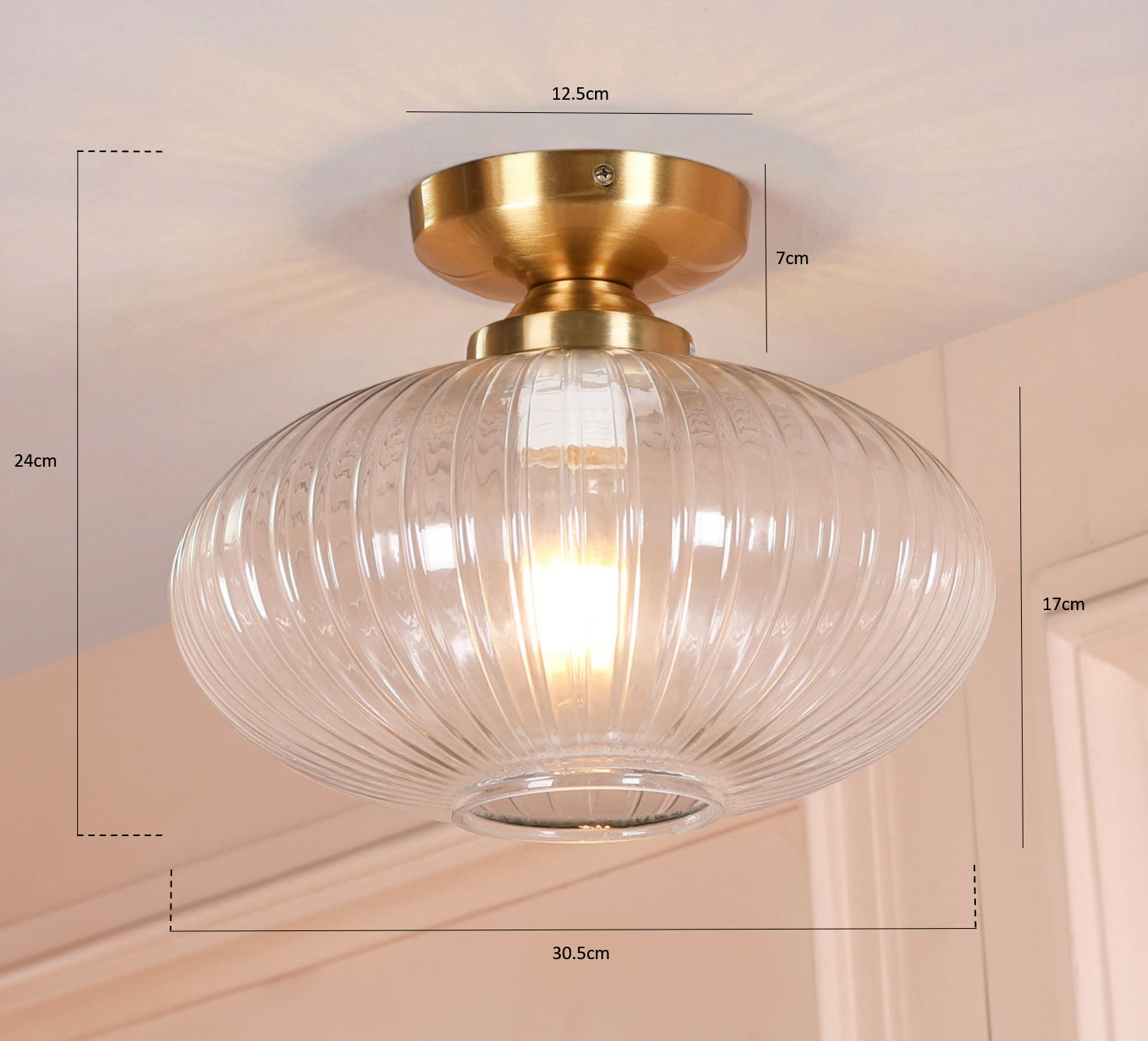 Brushed Brass Fluted Clear Glass Flush Ceiling Light
