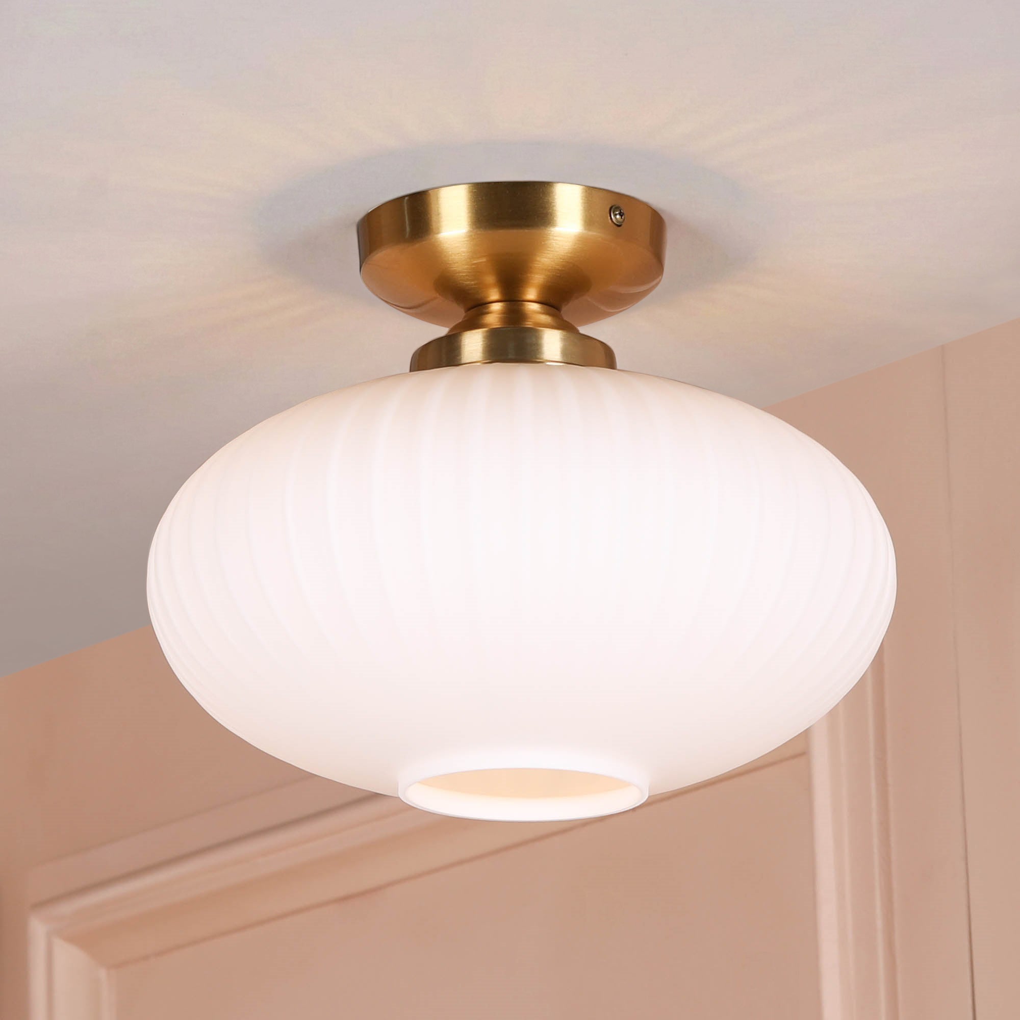 Brushed Brass Fluted Frosted Glass Flush Ceiling Light