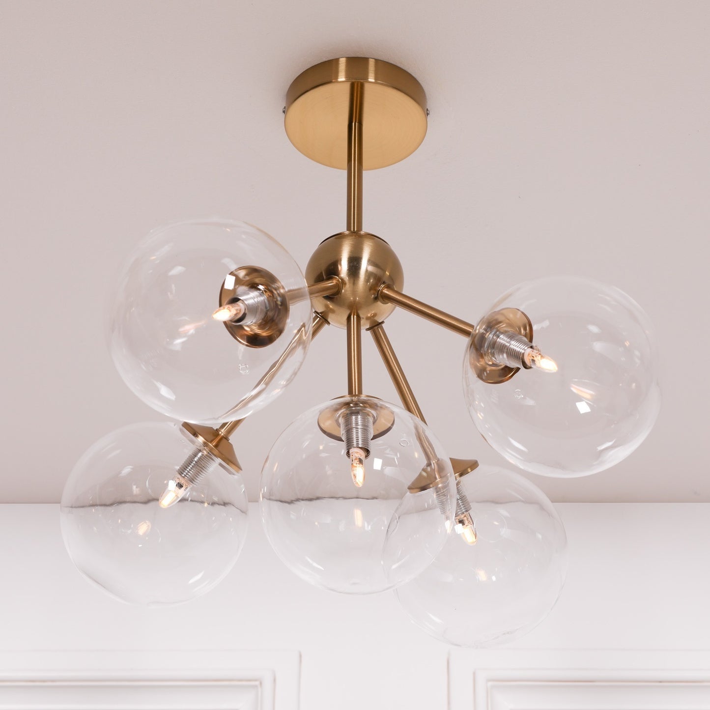 Gold Satin Deco 5 Arm Sputnik Glass Ball Ceiling Light