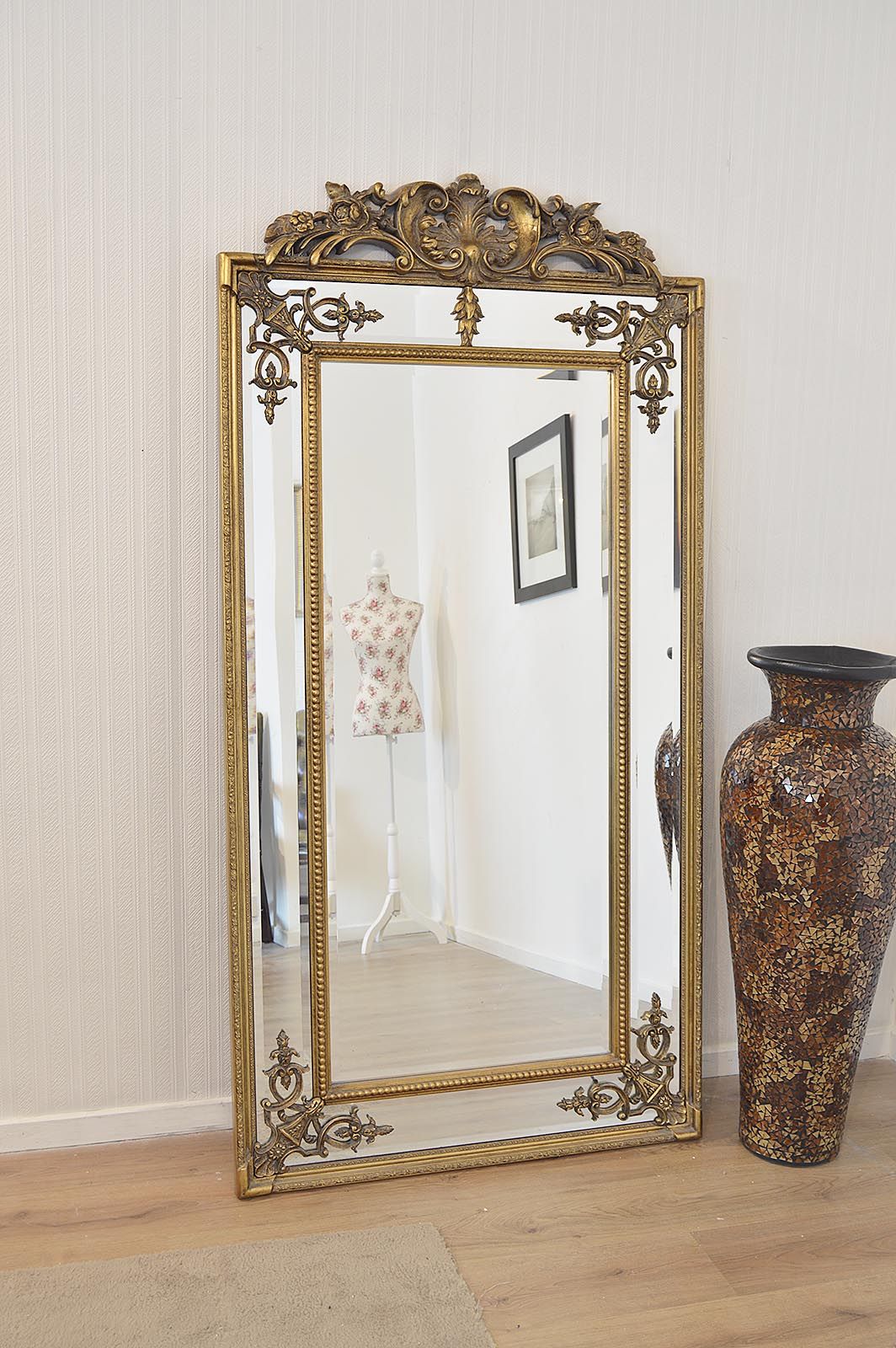 Gold Ornate Antique Design All Glass Leaner Mirror