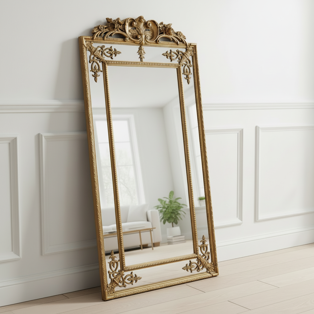 Gold Ornate Antique Design All Glass Leaner Mirror