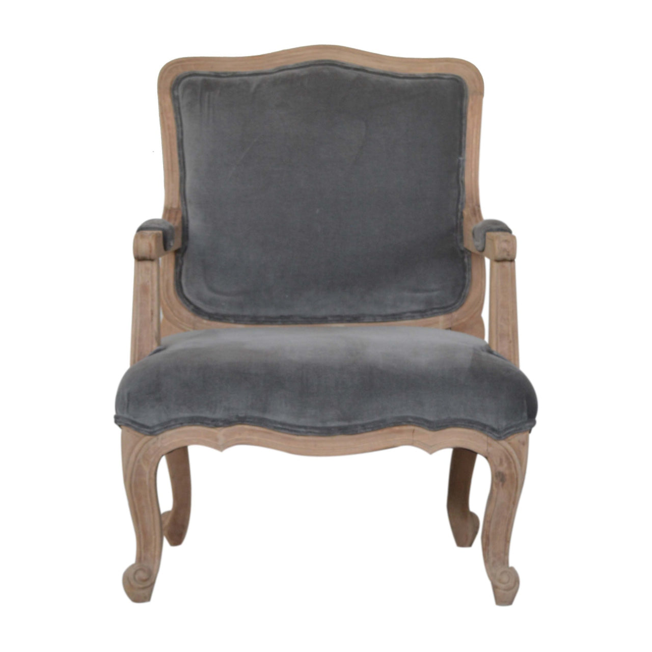 French Carved Armchair Grey Velvet