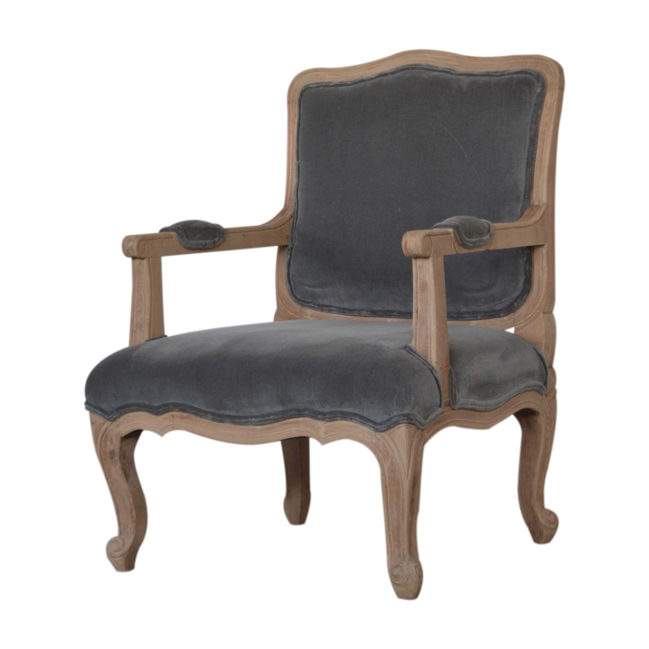 French Carved Armchair Grey Velvet