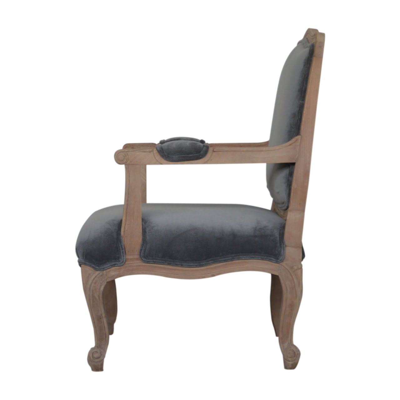 French Carved Armchair Grey Velvet