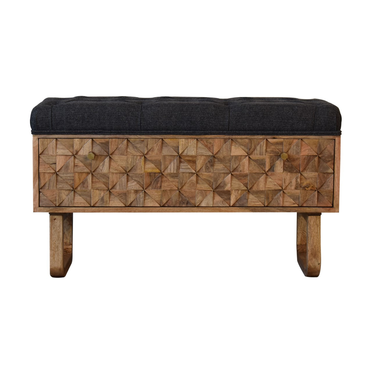 Heritage Collection Diamond Hand Carved Hallway Storage Bench Black Tweed Upholstery