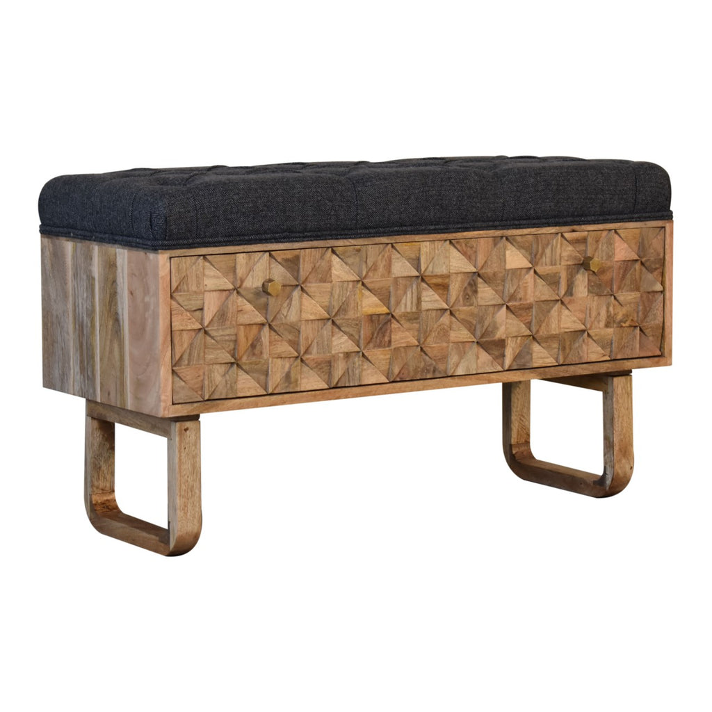 Heritage Collection Diamond Hand Carved Hallway Storage Bench Black Tweed Upholstery