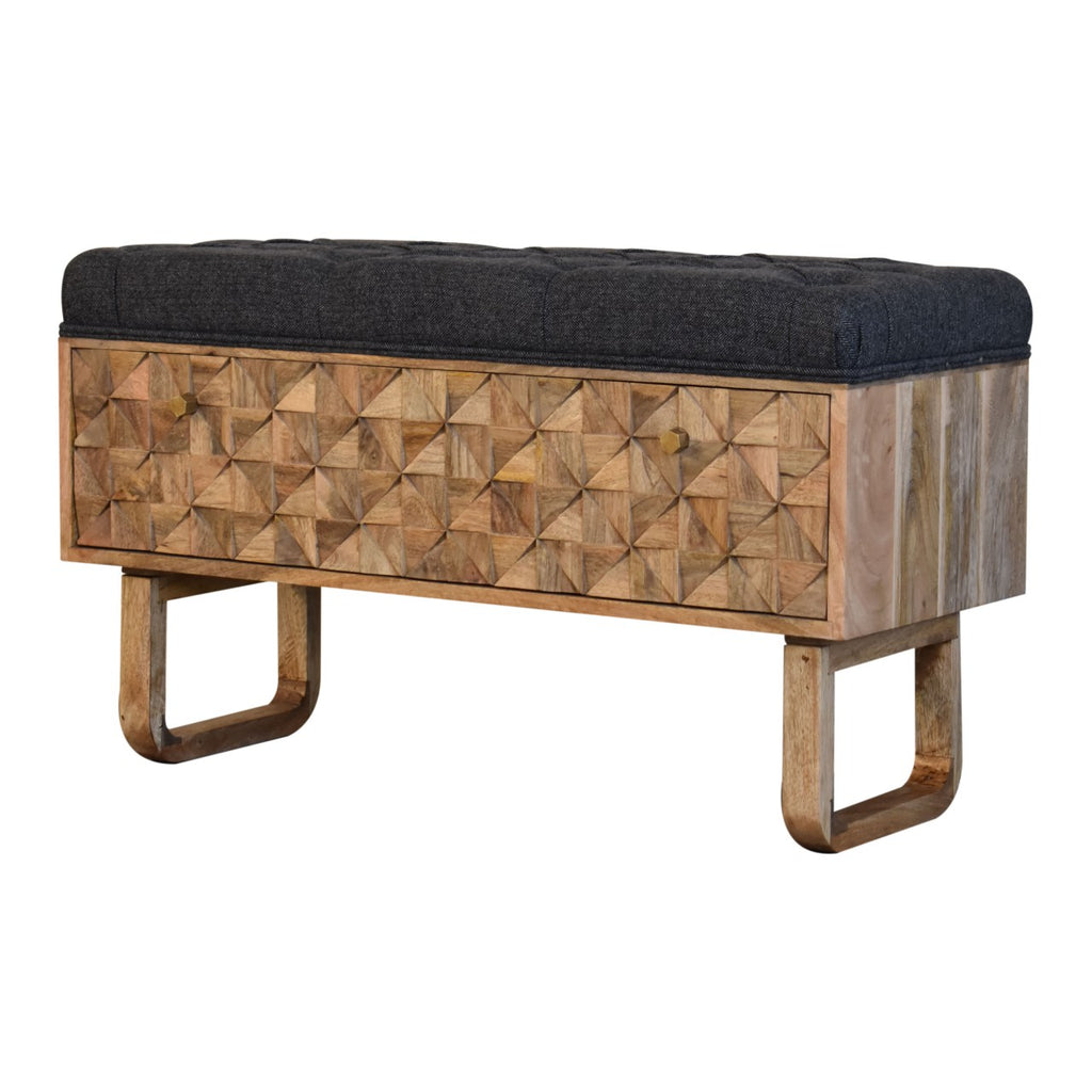 Heritage Collection Diamond Hand Carved Hallway Storage Bench Black Tweed Upholstery