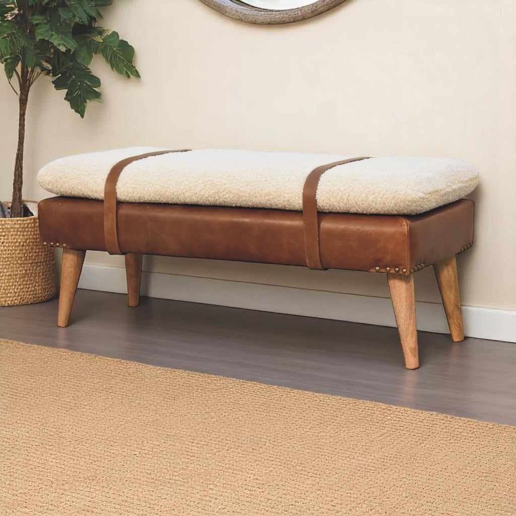 Heritage Collection Bouclé Buffalo Hide Leather Bench
