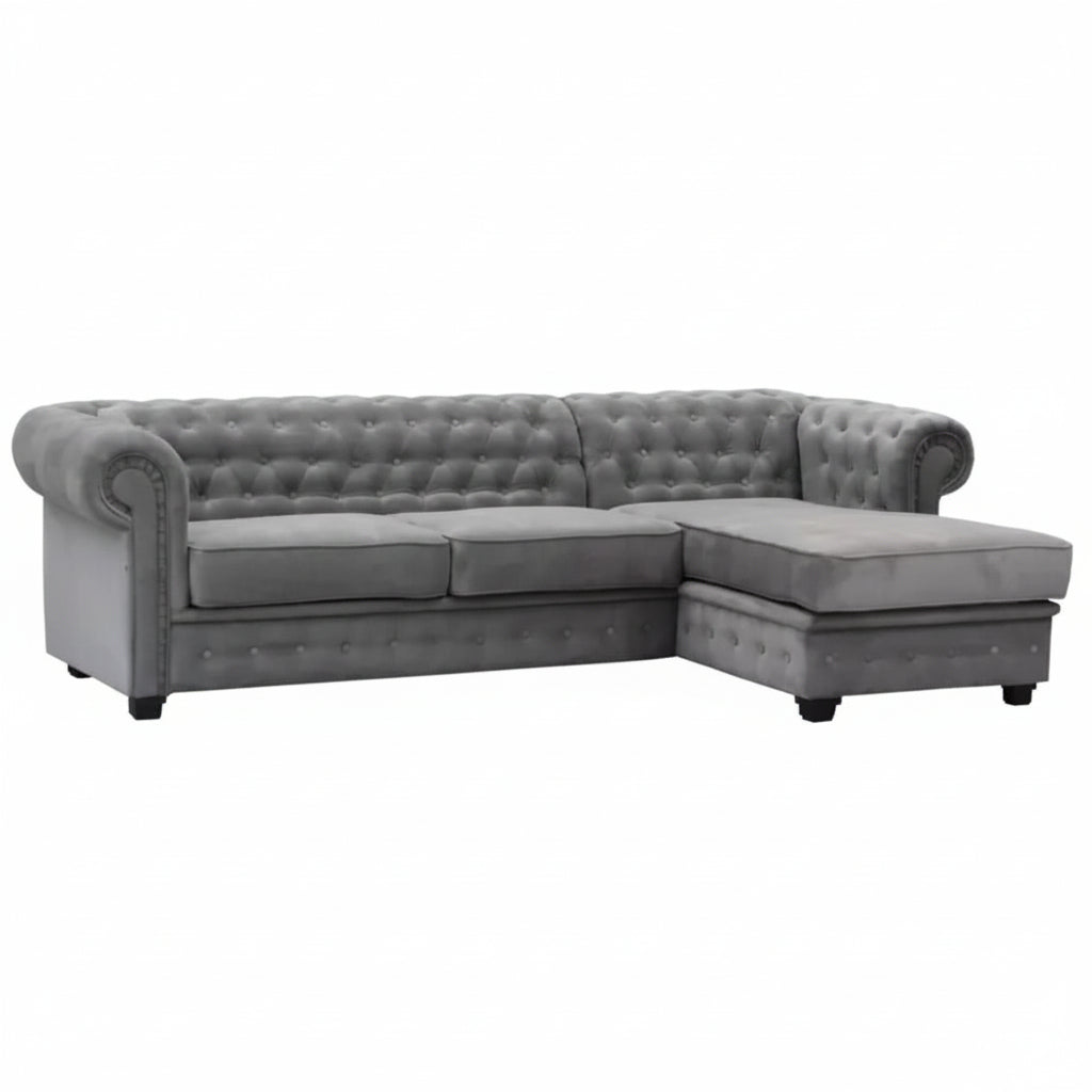 Imperial Chesterfield Corner Sofa in Dark Grey only £599

Imperial fabric corner sofa suite produced in high quality and durable fabric. Those sofas are made with a quality hardwood frame that has been kiln-dried, glued and reinforced. The seats have well-filled foam cushions. Seat Covers are Removable / All Materials Used Comply with British Fire Regulations.