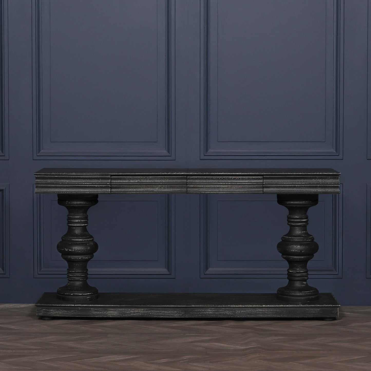 180cm Black Distressed Console Table with Drawers