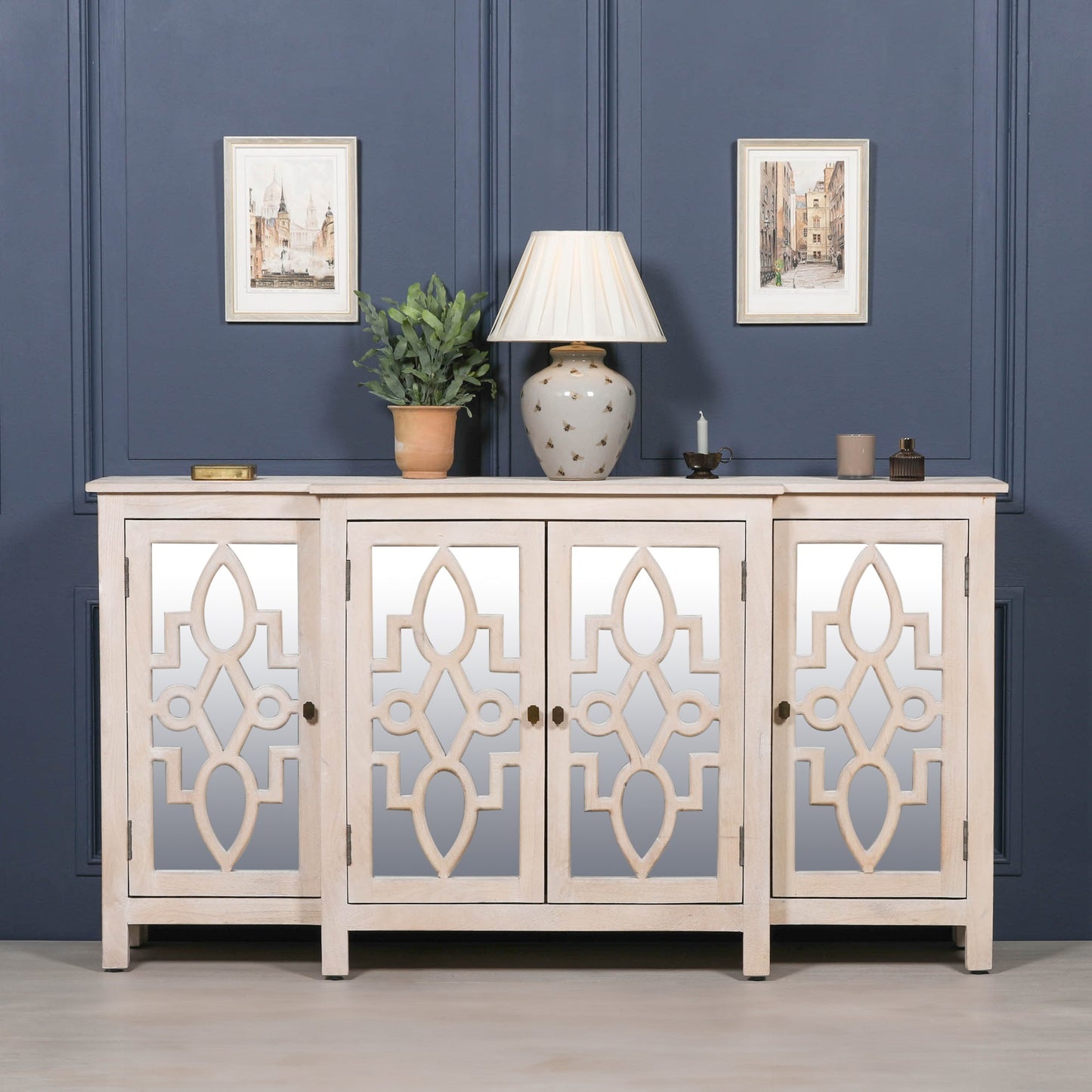 Wooden 4 Door Mirrored Breakfront Sideboard