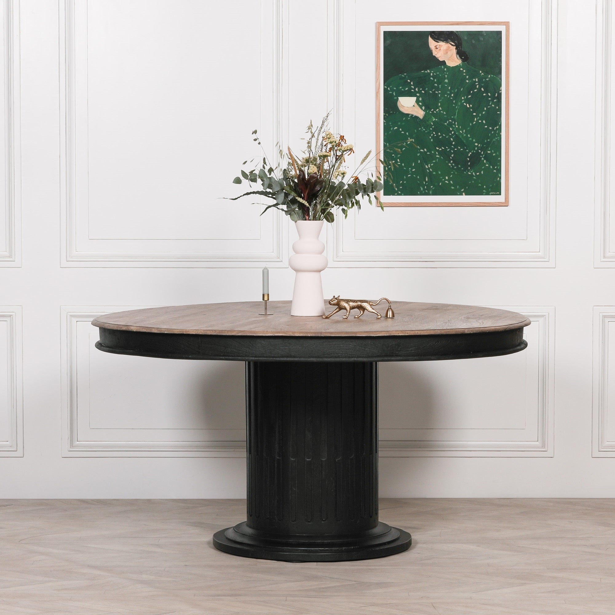 Black Wooden Round Column Dining Table With 4 Black Painted Wooden Cane Dining Chairs