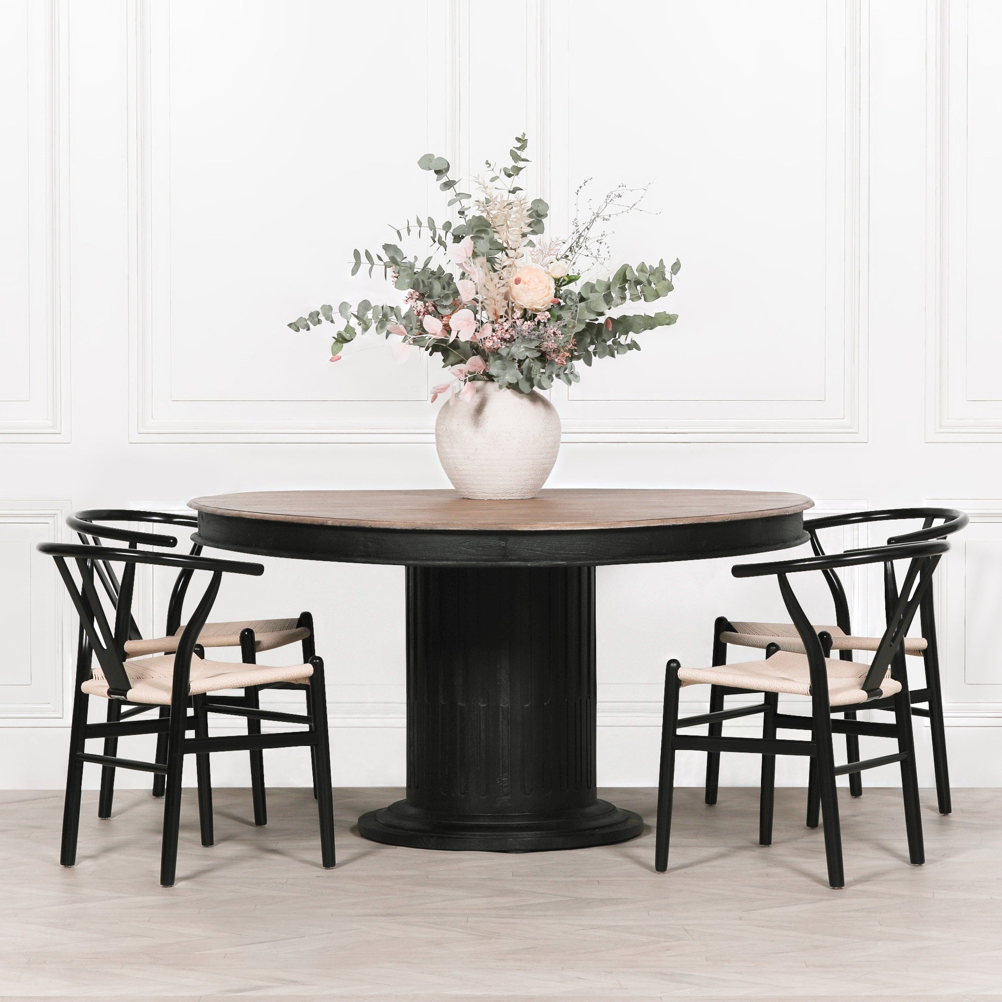 Black Wooden Round Column Dining Table With 4 Chairs