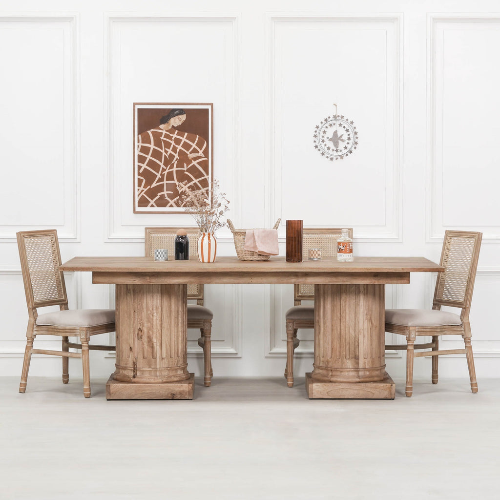 Wooden Column Rectangular Dining Table 220cm With 6 Louis Square Backed Chairs.