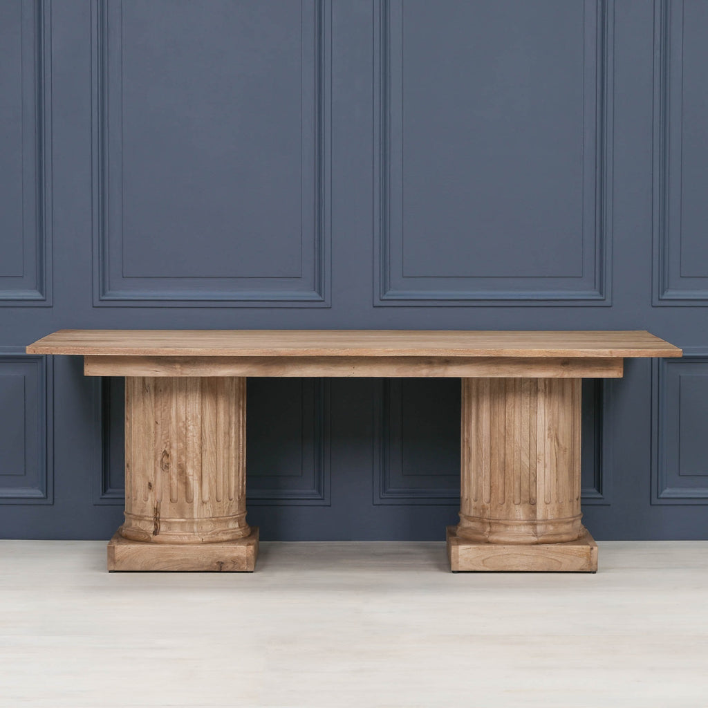 Wooden Column Rectangular Dining Table 220cm With 6 Louis Square Backed Chairs.