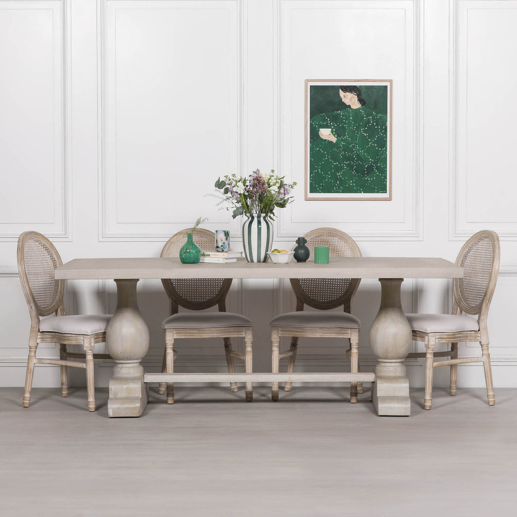Blanche Wood Rustic Washed Rectangular Dining Table 210cm With 6 Louis Chairs