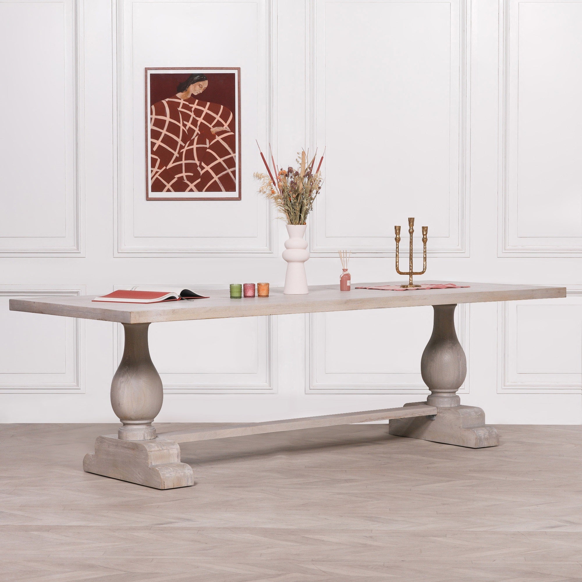 260cm Blanche Wood Rustic Rectangular Dining Table With 8 Louis Chairs