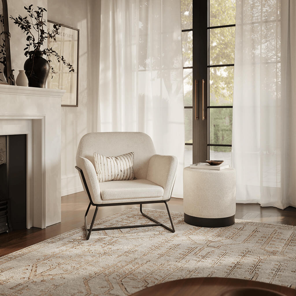 Harry Christian Home Ivory Boucle Small Pouffe With Black Base