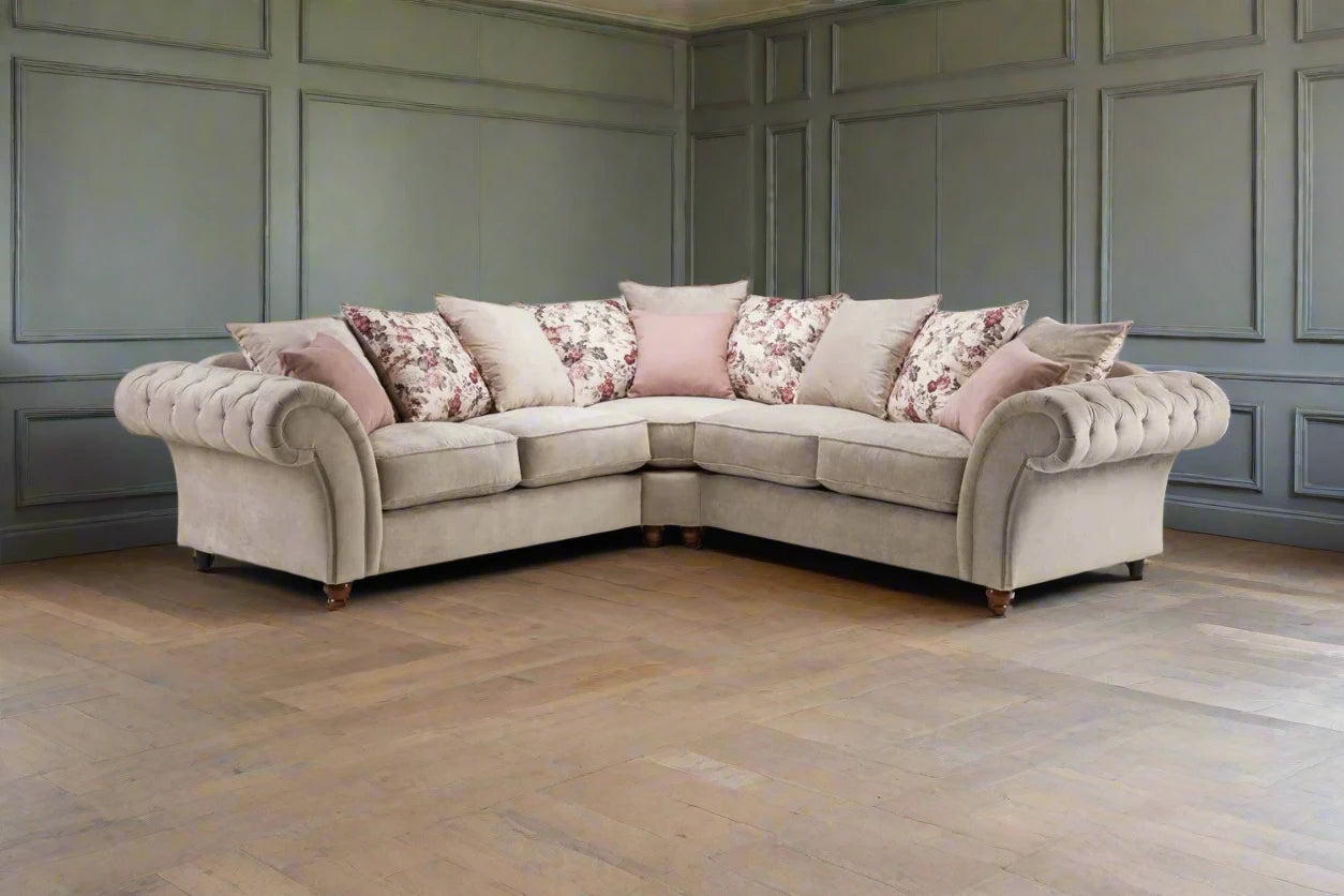Large Chesterfield Style Corner Sofa Scatter Cushions Floral Heritage Home