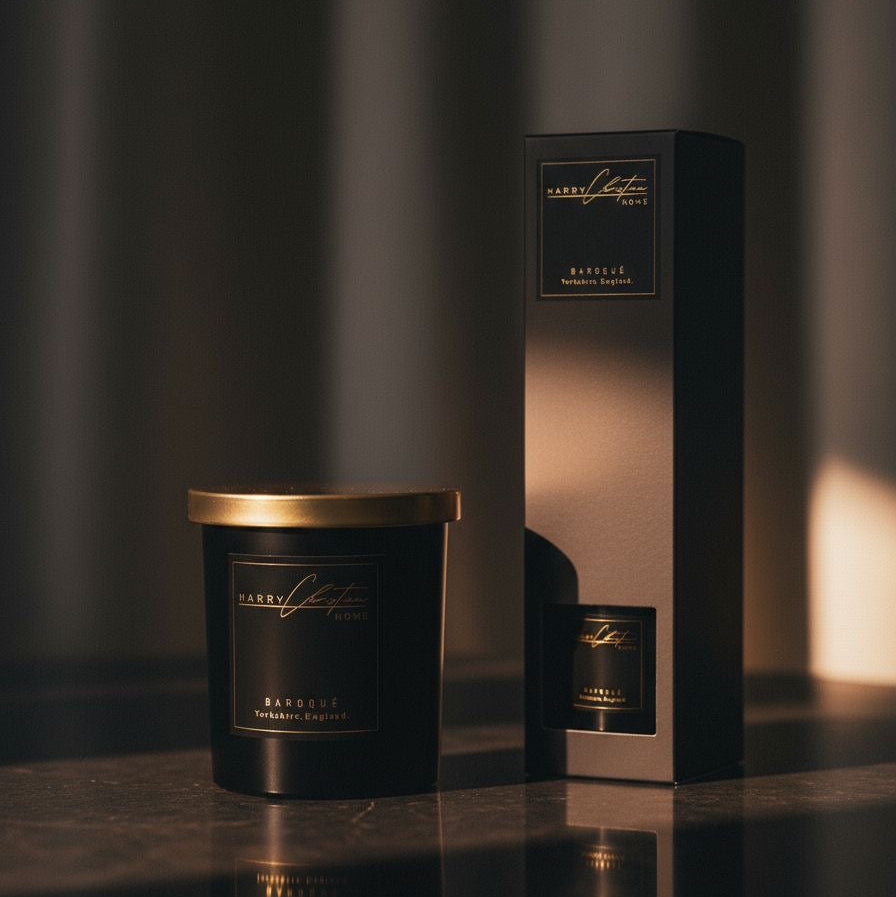 Luxury Black and Gold Candle & Reed Diffuser Gift Set by Harry Christian Home Black candle with gold lid and matching packaging on a dark surface